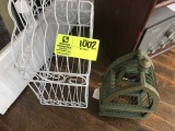 Two Bird Cages; Metal White and Wooden Green Distressed Paint