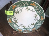Tin Decorative Platter, Green and Gold, with Metal Stand; 20