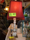 Pair of Matching White Marble Based Bedside Lamps with Red Fabric Shades with Red Crystal Fringe, 24