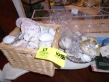 Basket of Various Shells from St. Martin, Shell Books, and Two Glass Decorative Dishes