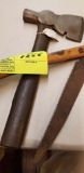 Vintage Folding Pruning Saw with Wood Handles and Old Hatchet
