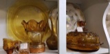 Group of Amber Glass Items; includes Shoe, Vase, Bucket, Toothpick Holder, Dish, Dinner Plate, Deep