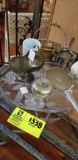 Group of Items; includes Divided Serving Dish, Antique Silver Plate Dresser Mirror, Antique Silver P