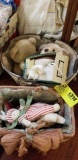 Two Lined Baskets filled with Stuffed Bears and Rabbits and  Pair of Child's Shoes