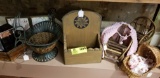 Group of Items; includes Children's Toys (Wooden Chairs, Doll Bassinet), Wooden Hanging Box, Rooster
