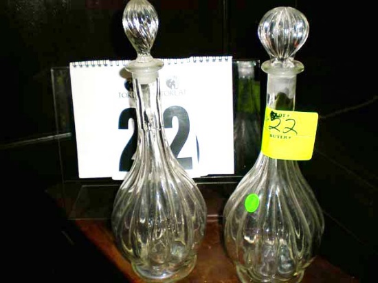 Pair of Glass Decanters with Glass Stoppers, 12.5" tall, 5" diameter, (one stopper broken at base)