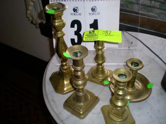 Group of Five Brass Candlesticks, 10", 8", 6.5", and 6.5" and a Bedside Candle Holder, 4" tall