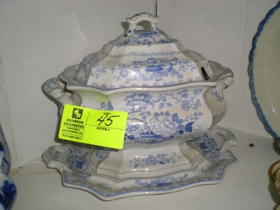 Large Blue and White Soup Tureen with Cover and Underplate; Tureen 13"x9"x7"