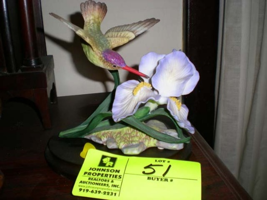 Capodimonte Porcelain Violet Crowned Hummingbird with Iris on Wooden Stand