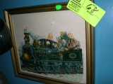 Gold Painted Wooden Framed Vintage Christmas Card with Santa Driving Train, 13