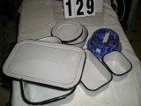Group of Enamel Ware; includes Four Piece Refrigerator Set (two are covered)
