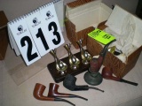 Five Vintage Smoking Pipes and Wooden Cuesta Rey Tobacco Box; 2 new in box Pipe Stands