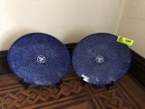 Pair of Matching Hand Painted Blue on White Chargers with Stands (18