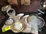 Two Sets of Hand Painted Crescent Shaped Bone Dishes, Heavy Clear Glass Vase (7