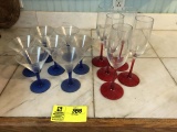 Box Lot of Martini Glasses and Flutes (some with blue stems, and some with red stems)