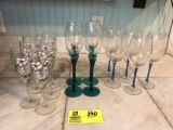 Box Lot of Hand Painted Champagne Flutes, Green Stemmed Flutes, and Blue Stemmed Wine Glasses
