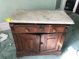 Antique Wood Wash Stand with Marble Top, 32x17x30, One Drawer and Two Door Two Shelved Cabinet