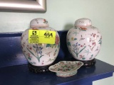 Two Oriental Floral Decorative Ginger Jars with Lids on Wood Stands