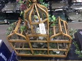 Wood Bird Cage with Dome Top and Artificial Floral Arrangement, 27x9.5x34