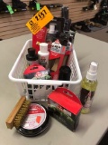 Basket Lot of Shoe Care Products; includes Brushes, Shoe Cream, Leather Restorer, Low Gloss Color Re