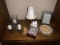 Group of Decorative Items; includes Camel Lamp, Three Candle Holders with Glass Globes, Picture Fram