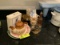 Group of decorator plates, 4 soup bowls, souvenir spoons, tea pot and Burnes photo album