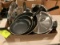 Large box lot of pans including frying pan set, broiler pans, glass covered large frying pan and sou
