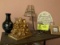 Group of decorative items--small lamp, vase, dogwood bloom bookends. Religious plaques
