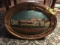 Gold Tone Wooden Oval Framed Reverse Painted Scene on Bullseye's Glass, 24x18