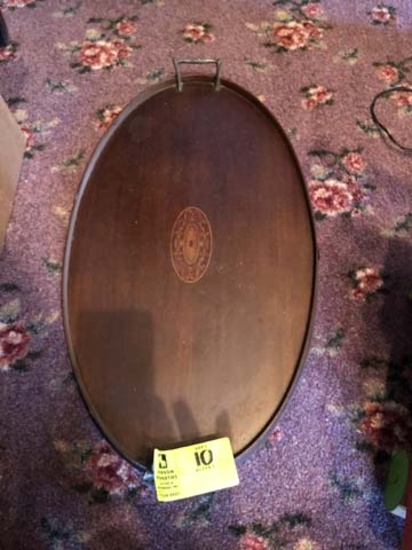 Wooden Oval Sheraton Serving Tray with Inlayed Medallion and  Brass Handles, 24" diameter (as seen o