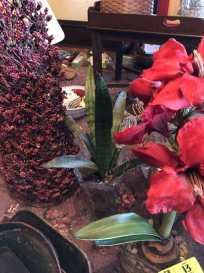Three Artificial Flowers and Plants; includes Holly Berry Tree, Snake Plant, and Amaryllis