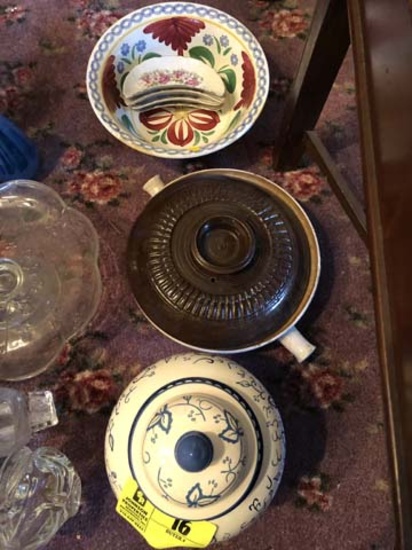 Three Pottery Pieces and Four Bone Plates; Pottery Pieces include Covered Urn (13" tall), Covered Ca