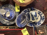 Flow Blue Platter, Flow Blue Tea Pot, Two Blue and White Small Platters,  Dinner Plates, Cups, and S