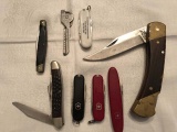 Eight Vintage Pocket Knives; includes Shrade Pocket Knife, Two Swiss Army Knives, Two Novelty Pocket