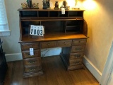 Roll Top Desk Reproduction, with Two File Drawers, Two Storage Drawers, One Center Drawer, Four Shel