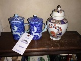 Three Oriental Decorative Items; includes Two Tea Strainer Mugs and a Hand Painted Urn