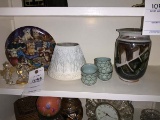 Group of Decorative Items; includes Pottery Urn, Yankee Candle Shade, Cat Plate, and Cat Ornament