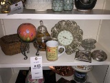 Group of Decorative Items; includes Quartz Clock, Candle on Stand, Grass Box with Lid, and Candy Dis