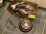 Box lot of kitchen items:  stainless mixing bowls, strainer, chopper, and large grater