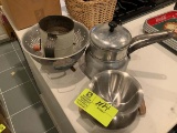 Vintage kitchen items--double broiler pot, old flour sifter, strainer, aluminum serving dish