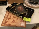 Group of 3 matching serving trays, plastic w/bamboo reinforced holders; appear oriental; plus 2 bamb