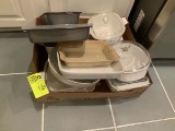 Group of 7 Corning Ware covered dishes, plus new aluminum loaf pan and new cake pan