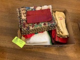 Large box of kitchen towels, place mats, cleaning cloths, etc.