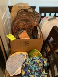Box Lot--serving trays, pot holders, towels, hanging metal basket, etc.