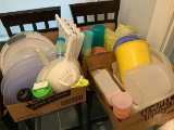 3 large boxes of Tupper Ware---cups, storage containers, cake boxes, silverware trays, etc.--all the