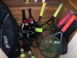 Tennis group--6 tennis rackets plus carrying bag, tennis balls, 3 racket covers, gloves