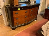 Bow Front Chest; heavy wood; 2 tone: polished wood and black; two 4