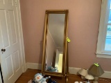 Impressive gold dressing mirror on swing stand; gold leaf design frame; mirror 60