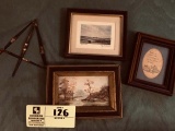 Three Framed Miniature Prints; includes Montrose Sketch, America Theme, Woodland Painting on Easel,