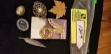 Fashion Jewelry--group of coat pins including cameo, stone, gold circle, leaf, feather, and pearl de